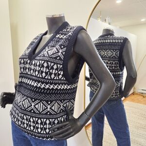 Vintage Sleeveless Sweater Vest – Geometric Knit – Marine & Gray – Size M